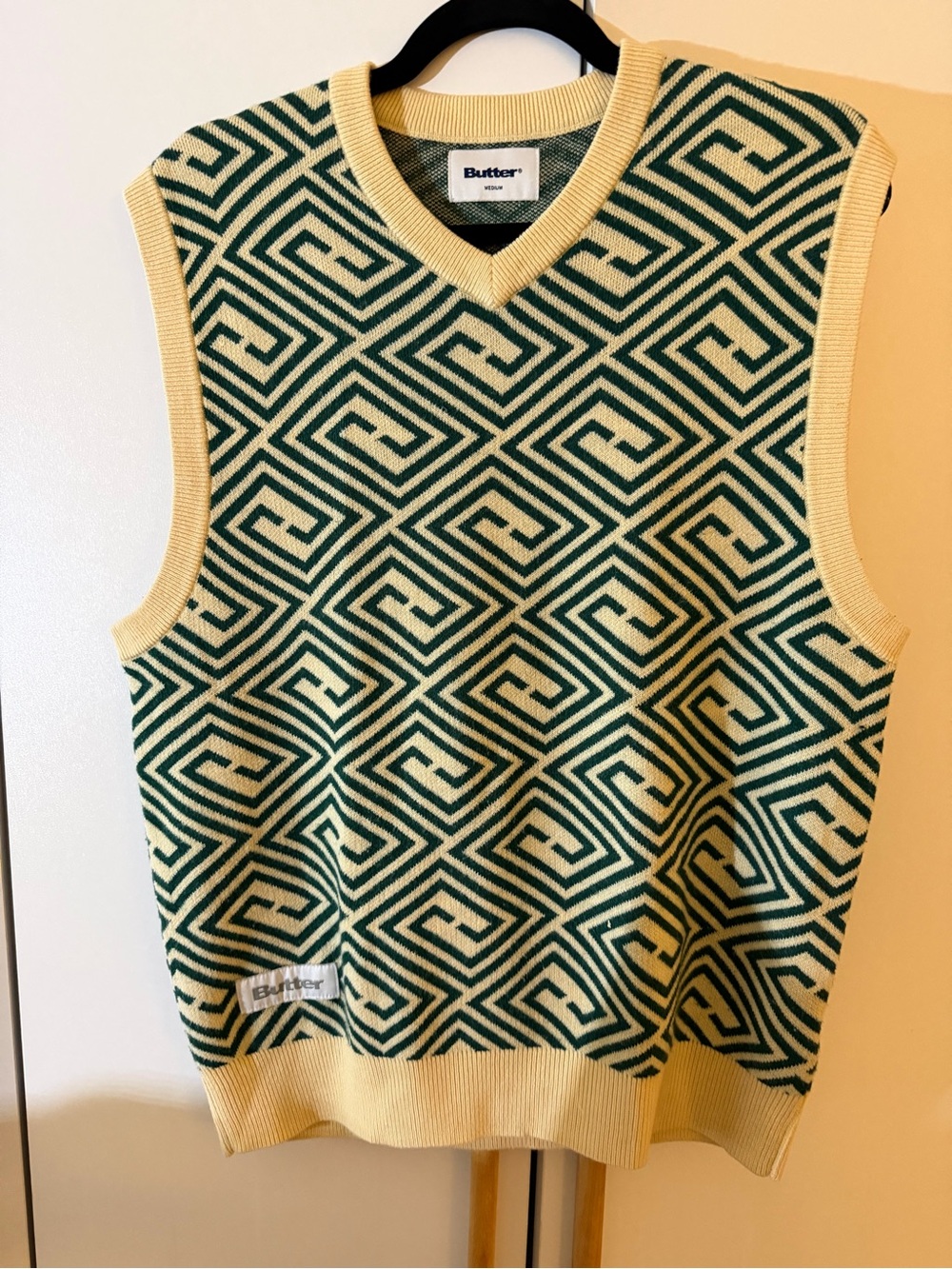 Butter Goods Green and Cream Geometric V-Neck Sweater Vest